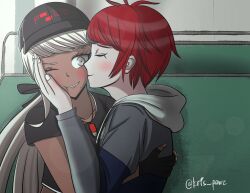 1boy 1girl black_shirt blonde_hair blue_eyes blush closed_mouth collarbone dark-skinned_female dark_skin eyelashes fingernails hetero jewelry kawana_tsubasa kiss kris_pawz long_hair long_sleeves necklace open_mouth red_hair shirt signature sumino_takumi the_hundred_line_-last_defense_academy- twitter_username upper_body