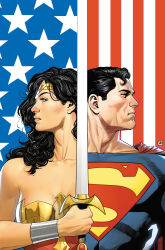 1boy 1girl absurdres american_flag_background artist_collaboration bare_shoulders black_hair blue_bodysuit bodysuit cape clark_kent dc_comics diana_prince flag_background highres holding holding_sword holding_weapon justice_league logo_print long_hair looking_to_the_side print_bodysuit red_cape sampere_art short_hair star_(symbol) superman superman_logo sword textless_version tiara tomeu_morey upper_body weapon wonder_woman