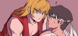 2boys :/ ? bare_pectorals bare_shoulders blonde_hair blue_eyes brown_background brown_eyes brown_hair commentary_request crossed_bangs dougi hair_between_eyes headband highres ken_masters long_hair looking_at_another male_focus mista0930 multiple_boys nervous pectorals ryu_(street_fighter) short_hair sideburns simple_background street_fighter street_fighter_zero_(series) sweat sweatdrop thick_eyebrows torn_clothes torn_sleeves white_headband yaoi