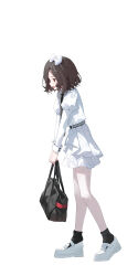1girl absurdres bag black_bag black_necktie black_socks blush commentary dress ebizuka_tomo full_body girls_band_cry grey_hair highres holding holding_bag juliet_sleeves long_sleeves necktie open_mouth puffy_sleeves red_eyes shoes short_hair simple_background socks solo sukaliya white_background white_dress white_shoes