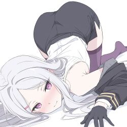 1girl ahoge all_fours alternate_costume armpit_crease ass ass_focus bare_shoulders black_gloves black_jacket black_skrit blue_archive blush closed_mouth forehead formal_clothes gloves hair_ornament hairclip half-closed_eyes highres hina_(blue_archive) jacket loli long_hair long_sleeves looking_at_viewer maowxa miniskirt narrow_waist off_shoulder parted_bangs purple_eyes purple_thighhighs shirt side_slit simple_background skirt sleeveless sleeveless_shirt smile solo suit thighhighs thighs top-down_bottom-up very_long_hair white_background white_hair white_shirt white_suit wide_hips zettai_ryouiki
