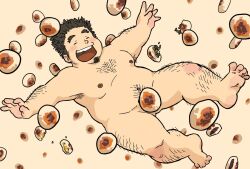 Rule 34 | 1boy, :d, armpit hair, bara, belly, black hair, blush, character request, convenient censoring, facial hair, falling, fat, fat man, food, goatee, hairy, large pectorals, male focus, midair, navel, nipples, open mouth, outstretched arms, pectorals, sideburns stubble, smile, solo, sparse chest hair, spread arms, stubble, takichizento, tamacolle, thick arm hair, thick leg hair, thick navel hair, thick thighs, thighs