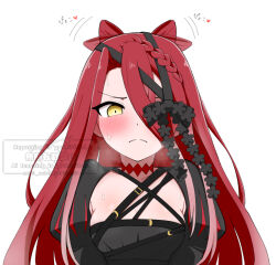1girl black_dress blush bow braid breasts choker closed_mouth dress drill_bulbul fate/grand_order fate_(series) hair_between_eyes long_hair long_sleeves looking_at_viewer red_hair small_breasts solo typhon_ephemeros_(fate) very_long_hair yellow_eyes