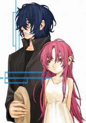 1boy 1girl arms_behind_back black_eyes blue_hair check_copyright coat commission copyright_request dress expressionless flat_chest hair_over_one_eye highres kennomou long_hair original red_eyes upper_body white_dress