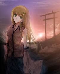 2girls bare_shoulders blue_skirt breasts cloud cloudy_sky collared_shirt commentary_request dawn detached_sleeves frog_hair_ornament green_eyes green_hair hair_ornament hair_tubes highres kochiya_sanae light_smile long_hair long_sleeves looking_at_viewer medium_breasts metalwasabi moriya_suwako multiple_girls shirt single_hair_tube single_sidelock skirt skirt_set sky sleeveless sleeveless_shirt sleeves_past_fingers sleeves_past_wrists snake_hair_ornament sunlight sunrise torii touhou upper_body wide_sleeves wing_collar