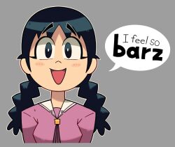 Rule 34 | 1girl, :d, azumanga daioh&#039;s school uniform, azumanga daiou, black eyes, black hair, blush, braid, breasts, evdeebz, grey background, head only, highres, long hair, looking at viewer, open mouth, rachel handlebarz, sailor collar, school uniform, simple background, smile, speech bubble, staring, toon (style), twin braids, white sailor collar, winter uniform