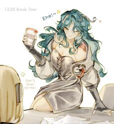 2girls ;) anger_vein aqua_hair bare_shoulders blonde_hair breasts cleavage cowboy_shot cup disposable_cup dress english_text facing_away green_eyes grey_dress grey_jacket hand_on_table hand_up highres hissabeth holding holding_cup jacket klepon long_hair multiple_girls one_eye_closed paper pointer_(reverse:1999) reverse:1999 short_dress smile snake snake_on_head solo_focus star_(symbol) strapless strapless_dress