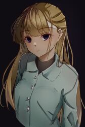 1girl amalia_lobelia blonde_hair blue_shirt degtyaryov2952 empty_eyes long_hair naraku naraku_2 purple_eyes shirt solo sweater turtleneck turtleneck_sweater