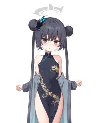 1girl absurdres black_dress black_hair blue_archive blunt_bangs butterfly_hair_ornament china_dress chinese_clothes coat commentary_request covered_navel cowboy_shot double_bun dragon_print dress grey_coat grey_eyes grey_halo hair_between_eyes hair_bun hair_ornament halo head_tilt highres kisaki_(blue_archive) long_hair long_sleeves looking_at_viewer parted_lips print_dress ryuhei_(lyuheyi1011) side_slit sidelocks simple_background sleeveless sleeveless_dress solo twintails white_background