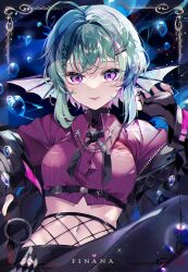 1girl ahoge alternate_breast_size belt black_belt black_gloves black_jacket black_neckerchief black_pants black_shoes breasts character_name chromatic_aberration coco7 collared_shirt commentary english_commentary finana_ryugu finana_ryugu_(3rd_costume) fingerless_gloves fish_girl fishnets gloves green_hair hair_ornament high-waist_pants jacket looking_at_viewer medium_breasts midriff navel neckerchief nijisanji nijisanji_en pants pantyhose purple_eyes purple_shirt shirt shoes short_hair smile sneakers solo tongue tongue_out virtual_youtuber