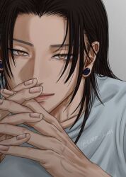1boy absurdres black_hair coco_chaos collarbone crew_neck earrings eyelashes fingernails getou_suguru hair_down highres jewelry jujutsu_kaisen long_hair looking_at_viewer male_focus own_hands_clasped own_hands_together piercing shirt solo twitter_username upper_body white_shirt widow&#039;s_peak yellow_eyes