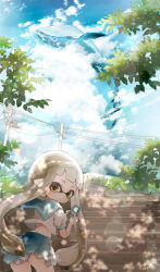 1girl anon1um blue_skirt blue_sky blush cellphone closed_mouth cloud commentary_request dot_mouth dot_nose flying_whale grey_hair highres holding holding_phone inkling inkling_girl inkling_player_character leaning_forward long_hair looking_at_viewer looking_back median_furrow nintendo outdoors phone pleated_skirt pointy_ears short_eyebrows skirt sky smartphone solo splatoon_(series) splatoon_3 stairs tentacle_hair thick_eyebrows very_long_hair whale yellow_eyes