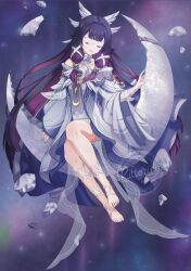 Rule 34 | 1girl, black hair, bow, bowtie, closed eyes, closed mouth, collar, columbina (genshin impact), crescent moon, dress, feathered wings, genshin impact, hair ornament, head wings, highres, long hair, moon, multicolored hair, pink hair, podomascha, ribbon, sidelocks, sitting, very long hair, white bow, white bowtie, white collar, white dress, white hair, white mask, white ribbon, white sleeves, white wings, wide sleeves, wings, wrist bow, x hair ornament