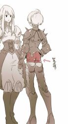 Rule 34 | 1boy, 1girl, absurdres, agrias oaks, armor, black eyes, boots, chinese text, corset, cuirass, elbow pads, facing away, fermium.ice, final fantasy, final fantasy tactics, high collar, highres, knee boots, limited palette, long hair, open mouth, overskirt, pauldrons, puffy pants, ramza beoulve, serious, short hair, shoulder armor, sidelocks, simple background, spiked pauldrons, spot color, standing, thigh boots, translation request, vambraces, white background