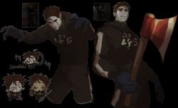 2boys absurdres afraid_of_monsters axe black_background black_gloves black_hoodie blood blood_from_forehead blood_on_face brown_hair chibi chibi_inset claw_pose david_leatherhoff dual_persona empty_eyes english_text fire_axe game_screenshot_inset gas_can gloves hands_on_own_hips highres holding holding_axe hood hood_down hoodie ju-san korean_text looking_at_viewer messy_hair multiple_boys outline outstretched_arms pitchfork print_hoodie short_hair sound_effects the_addiction_(afraid_of_monsters) turtleneck white_outline zombie_pose