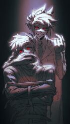 Rule 34 | 1boy, absurdres, alastor (hazbin hotel), alastor (human) (hazbin hotel), black sclera, colored sclera, evil grin, evil smile, grin, hazbin hotel, highres, injection, male focus, red eyes, scp-3232-1, sharp teeth, smile, spot color, straitjacket, teeth