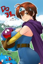 Rule 34 | 1girl, 2020, arioarimura, blush, breasts, brown eyes, brown hair, cape, dragon quest, dragon quest iii, earrings, elbow gloves, gloves, heroine (dq3), highres, hug, jewelry, looking at viewer, monster, outdoors, roto (dq3), short hair, slime (creature), smile, tomboy