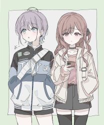 2girls asakura_toru black_skirt black_socks blue_eyes blush earrings highres higuchi_madoka holding holding_phone idolmaster idolmaster_shiny_colors jacket jewelry lisedraw long_hair multiple_girls open_mouth phone red_eyes red_hair short_hair shorts skirt socks yuri