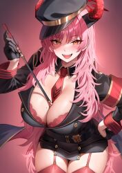 1girl absurdres belt between_breasts black_gloves black_hat blue_archive blush bra bra_peek breasts cleavage commentary_request cowboy_shot demon_girl demon_horns garter_straps gloves gradient_background hair_between_eyes half_gloves hand_on_own_hip hat highres holika_baby horns huge_breasts leaning_forward long_hair long_sleeves looking_at_viewer necktie necktie_between_breasts open_clothes open_mouth orange_eyes paid_reward_available peaked_cap pink_background pink_bra pink_thighhighs red_bra red_hair red_horns red_necktie revision satsuki_(blue_archive) simple_background smile solo tail teeth thighhighs underwear upper_teeth_only v-shaped_eyebrows