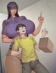 box breasts bulge curvy delivery giant giantess glasses kirin_ouji large_breasts long_hair mature_female nail_polish original package pink_lips pink_nails pointing pointing_up purple_hair shirt size_difference tall_female thick_thighs thighs yellow_shirt
