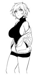 1girl absurdres bare_shoulders breasts commentary_request cropped_legs dot_pupils furrowed_brow gigle glaring greyscale highres jacket korean_commentary light_frown looking_at_viewer meme_attire messy_hair monochrome off_shoulder open_clothes open_jacket original partially_unzipped sideboob sketch solo virgin_killer_sweater wavy_hair white_background