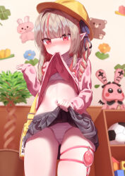 absurdres bag black_skirt bra clothes_lift commentary_request cowboy_shot drill_hair grey_hair hat highres indoors kindergarten_uniform lifting_own_clothes long_hair long_sleeves makaino_ririmu miniskirt multicolored_hair multiple_thigh_straps nijisanji panties pink_hair pink_panties pink_shirt pleated_skirt pointy_ears ramuneru school_hat shirt shoulder_bag skirt skirt_lift stomach streaked_hair striped_clothes striped_panties underwear virtual_youtuber white_bra yellow_hat