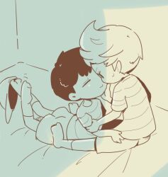 bad_tag bed bedroom black_hair blush child hat kiss legs lucas_(mother_3) lying mother_(series) mother_2 mother_3 ness_(mother_2) nintendo ohana_sunflower on_bed on_stomach shirt shorts shota sitting smile socks super_smash_bros. sweatdrop