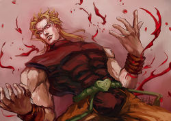 1boy blonde_hair blood bracer dio_brando hideki jojo_no_kimyou_na_bouken male_focus mullet red_eyes sleeveless sleeveless_turtleneck solo turtleneck