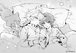 2boys absurdres aether_(genshin_impact) ahoge alternate_costume alternate_hairstyle animal animal_ears artist_name blanket blunt_ends blush breast_pocket buttons cat cat_ears cat_tail closed_mouth collarbone collared_shirt eyeshadow genshin_impact greyscale hair_between_eyes highres long_hair long_sleeves looking_afar looking_at_another lying makeup mixed-language_commentary monochrome multiple_boys nekomi_0 on_back on_bed open_mouth pillow pocket pom_pom_(clothes) ribbon scaramouche_(cat)_(genshin_impact) scaramouche_(genshin_impact) shirt short_hair smile star-shaped_pillow star_(symbol) tail wide_sleeves yaoi