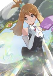 1girl bare_shoulders black_dress blue_eyes brown_hair dress elbow_gloves eyelashes gen_3_pokemon gloves highres kyogre legendary_pokemon looking_at_viewer may_(champion)_(pokemon) may_(pokemon) nintendo official_alternate_costume open_mouth pokemon pokemon_(creature) pokemon_masters_ex primal_kyogre ringosan2329 white_gloves