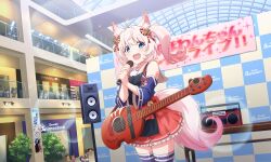 Rule 34 | 1girl, ahoge, animal ear fluff, animal ears, apron, artist request, bell, black apron, blue eyes, blue thighhighs, cowboy shot, detached sleeves, electric guitar, fox ears, fox girl, fox tail, frilled skirt, frills, guitar, hair bell, hair ornament, holding, holding microphone, howan (show by rock!!), indoors, instrument, lens flare, looking at viewer, mall, microphone, official art, open mouth, people, pink hair, radio, red skirt, shirt, short hair, show by rock!!, side ponytail, skirt, sleeveless, sleeveless shirt, smile, solo, solo focus, sparkle, speaker, standing, tail, thighhighs, third-party source