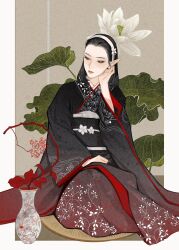 1girl asian baldur&#039;s_gate baldur&#039;s_gate_3 black_kimono carpet cazador_szarr dungeons_&amp;_dragons dungeons_&amp;_dragons earrings full_body genderswap genderswap_(mtf) gradient_clothes gradient_kimono green_eyes hairband highres ichijo_(cyxxx123) japanese_clothes jewelry kimono lily_pad long_sleeves obi sash sitting solo vase wide_sleeves