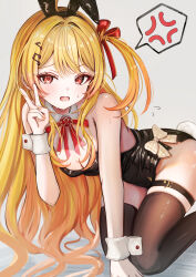 1girl absurdres ahoge alternate_costume anger_vein animal_ear_hairband animal_ears black_leotard black_thighhighs blonde_hair breasts cleavage detached_collar double-parted_bangs fake_animal_ears fortissimo grey_background hair_between_eyes hair_ornament hair_ribbon hairband hairclip hand_up highres hololive hololive_dev_is kneeling leotard long_hair looking_at_viewer mito_soosu musical_note musical_note_hair_ornament one_side_up open_mouth otonose_kanade playboy_bunny rabbit_ear_hairband rabbit_ears red_eyes red_ribbon ribbon sidelocks simple_background solo spoken_anger_vein strapless strapless_leotard thigh_strap thighhighs v very_long_hair virtual_youtuber wavy_mouth wrist_cuffs