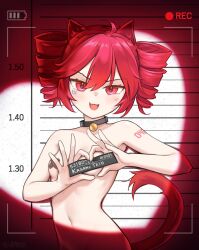 1girl :d absurdres animal_ears bell breasts cat_ears character_name commentary_request cross cross_pasties drill_hair fang hair_between_eyes heart heart_hands height_mark highres kasane_teto kemonomimi_mode looking_at_viewer mugshot navel neck_bell nude number_tattoo open_mouth pasties recording red_eyes red_hair short_hair shoulder_tattoo small_breasts smile solo stomach tattoo upper_body utau viewfinder vrabius