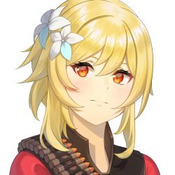 1girl acrylicstroke blonde_hair bullet bulletproof_vest closed_mouth commission commissioner_upload flower genshin_impact hair_flower hair_ornament highres looking_at_viewer lumine_(genshin_impact) medium_hair non-web_source orange_eyes red_shirt shirt solo team_fortress_2 transparent_background upper_body white_flower
