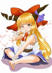 1girl absurdres barefoot belt blonde_hair blue_skirt blush bow bowtie brown_belt brown_eyes brown_horns buttons collared_shirt commentary_request fang full_body hair_bow highres horn_bow horn_ornament horns ibuki_suika kurohiba long_hair looking_at_viewer nail_polish open_mouth petals purple_bow red_bow red_bowtie red_nails shirt sitting skirt sleeveless sleeveless_shirt smile solo squeans toenail_polish toenails touhou very_long_hair white_shirt wrist_cuffs