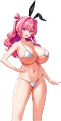 1girl :d absurdres animal_ear_hairband animal_ears arm_at_side bikini black_hairband breasts chichino_kaori cleavage derauea double_bun fake_animal_ears game_cg hair_bun hair_intakes hair_rings hairband hand_on_own_hip highres huge_breasts light_blush long_hair looking_at_viewer micro_bikini motto!_haramase!_honoo_no_oppai_isekai_oppai_bunny_gakuen! navel non-web_source nontraditional_playboy_bunny official_art open_mouth pink_hair purple_eyes rabbit_ear_hairband rabbit_ears smile solo standing star_(symbol) star_in_eye swimsuit symbol_in_eye tachi-e transparent_background wavy_hair wavy_sidelocks white_bikini
