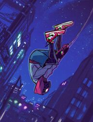 1boy air_jordan_1 bodysuit city commentary english_commentary gabriel_picolo highres holding hood jacket male_focus marvel mask miles_morales night night_sky nike_(company) shorts silk sky solo spider-man spider-man_(miles_morales) spider-man_(series) spider_web spider_web_print star_(sky) superhero_costume upside-down