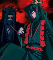 2boys black_eyes black_hair black_hanfu bleeding blood blood_from_forehead blood_on_chest chinese_clothes cross_hair_ornament curtained_hair double-parted_bangs glowing glowing_eyes hair_between_eyes hair_ornament hanfu heterochromia high_ponytail highres holding holding_leash hong_lu_(project_moon) injury jia_qiu_(project_moon) julysleepy leash limbus_company long_hair male_focus multiple_boys partially_shaded_face ponytail project_moon red_eyes red_scarf rope_belt scarf sidelocks sitting