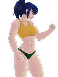 1girl blue_eyes blue_hair breasts curvy female_focus huge_breasts large_breasts leona_heidern long_hair panties ponytail shirt standing tank_top the_king_of_fighters thick_lips thick_thighs thighs underwear yellow_shirt zedro zedro1