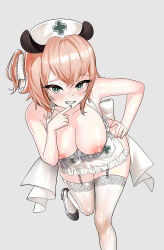 animal_ears apron bow breasts green_eyes hair_bow hat highres maid_apron nimi_nightmare nipples nurse nurse_cap orange_hair studio_poon thighhighs virtual_youtuber white_apron