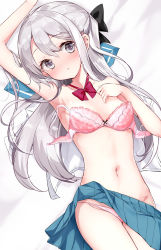 1girl bed blue_skirt blush bow bow_bra bowtie bra breasts clothes_lift collarbone grey_eyes grey_hair hair_bow hamaken._(novelize) highres long_hair looking_at_viewer lying open_bra open_clothes open_mouth open_shirt original panties pink_bra pink_panties red_bow red_bowtie school_uniform shirt short_sleeves skirt skirt_lift small_breasts solo stomach underwear white_shirt