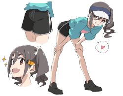 Rule 34 | 1girl, action camera, arched back, black shoes, black shorts, blue shirt, bow, collarbone, cropped head, dolphin shorts, drawstring, full body, grey hair, hair between eyes, hair bow, hands on own knees, heart, highres, kiriyama an, leaning forward, legs apart, light blush, looking at viewer, medium hair, momomatang, mono (afro), multiple views, print shirt, red eyes, shirt, shirt partially tucked in, shoes, short shorts, short twintails, shorts, side ponytail, sidelocks, simple background, smile, sparkle, spoken heart, thick eyebrows, tied drawstring, twintails, video camera, visor cap, wavy hair, white background, white bow