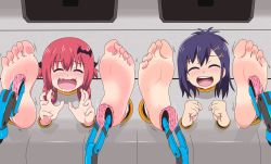 Rule 34 | 2girls, absurdres, badbadfish, barefoot, blush, closed eyes, fang, feet, foot focus, gabriel dropout, highres, long hair, multiple girls, open mouth, red hair, restrained, satanichia kurumizawa mcdowell, skin fang, soles, tickle torture, tickling, toes, vignette tsukinose april
