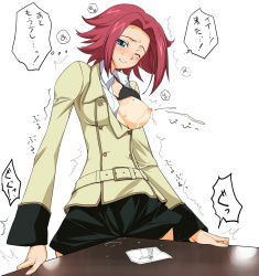 Rule 34 | 00s, 1girl, a1 (initial-g), arm support, black bra, black skirt, blush, bra, bra lift, breast slip, breasts, breasts out, buttons, clenched teeth, clothed masturbation, code geass, collared shirt, crotch rub, dress shirt, female focus, female masturbation, green eyes, highres, jacket, kouzuki kallen, lactation, large breasts, lingerie, long sleeves, masturbation, motion lines, nina einstein, nipple slip, nipples, one breast out, one eye closed, open clothes, open jacket, open shirt, photo (object), pussy juice, red hair, school uniform, serafuku, shirt, short hair, skirt, solo, sound effects, standing, sweat, table, table humping, teeth, translated, trembling, underwear, white shirt, wince, wink, zero (code geass)