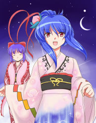 2girls blue_hair bow crescent_moon closed_eyes flx food fruit hair_bow hinanawi_tenshi japanese_clothes kimono moon multiple_girls nagae_iku no_headwear open_mouth peach purple_hair sky smile star_(sky) starry_sky touhou