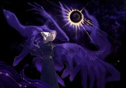 1boy belt black_hole count_ymir cruentum_noctis dark_background elden_ring elden_ring:_shadow_of_the_erdtree eldritch_abomination fingerprint from_side glint glowing glowing_eye headgear high_collar highres holding holding_staff holding_sword holding_weapon light_rays metyr_mother_of_fingers monster one-eyed ornate_clothes outstretched_arms purple_eyes staff sword too_many_fingers upper_body weapon