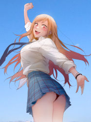 1girl arm_up ass blonde_hair blue_background blue_skirt blush bracelet breasts earrings highres jewelry kitagawa_marin large_breasts long_hair necktie open_mouth outdoors plaid_clothes plaid_skirt red_eyes school_uniform shirt skirt sleeves_rolled_up smile solo sono_bisque_doll_wa_koi_wo_suru spykeee teeth upper_body upper_teeth_only upskirt white_shirt