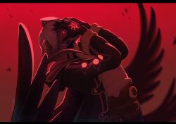 artist_name belt belt_buckle buckle claws cloak crossover dragon_horns evomanaphy fire_emblem fire_emblem_awakening fire_emblem_heroes glowing glowing_eye glowing_eyes hands_on_own_face highres horns kpop_demon_hunters leaning_back male_robin_(fire_emblem) male_robin_(grima)_(fire_emblem) nintendo red_eyes red_light wings