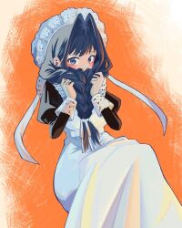 1girl black_hair blue_eyes braid commentary cowboy_shot dress english_commentary highres hololive hololive_english invisible_chair long_hair maid maid_day maid_headdress orange_background ouro_kronii rachel_(rakkuaa) simple_background sitting solo twin_braids virtual_youtuber